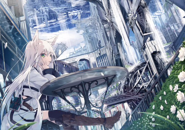 Anime picture 1638x1159 with original nagishiro mito single long hair looking at viewer blush fringe hair between eyes sitting holding green eyes animal ears sky cloud (clouds) outdoors white hair tail long sleeves animal tail fox ears
