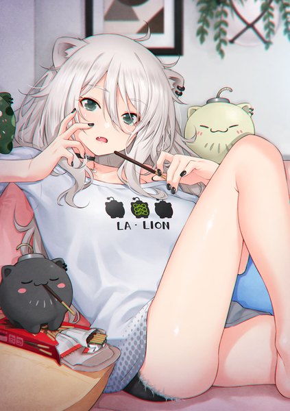 Anime picture 1058x1500 with virtual youtuber hololive shishiro botan ssrb (shishiro botan) shishiro botan (4th costume) kazuma muramasa single long hair tall image looking at viewer fringe open mouth light erotic hair between eyes green eyes animal ears silver hair indoors nail polish bare legs