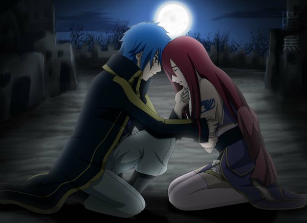 Anime picture 2000x1450 with fairy tail erza scarlet jellal fernandes ankoku-hime long hair highres sitting bare shoulders blue hair cloud (clouds) red hair eyes closed profile black eyes tattoo night sky tears face to face face paint girl