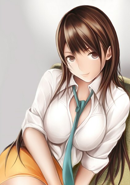 Anime picture 704x1000 with love plus anegasaki nene nannacy7 single long hair tall image looking at viewer simple background brown hair brown eyes grey background girl skirt shirt necktie white shirt