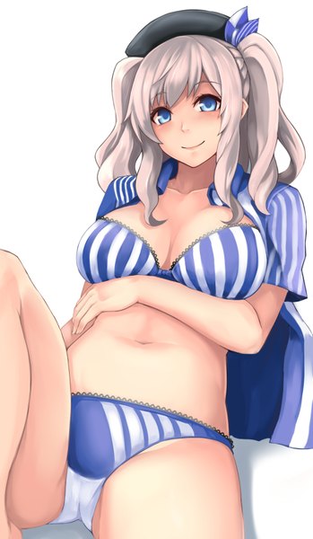 Anime picture 2192x3769 with kantai collection lawson kashima training cruiser yashichii single long hair tall image looking at viewer blush highres breasts blue eyes light erotic smile white background white hair girl navel uniform underwear