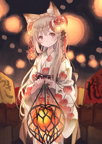 Anime picture 827x1169 with original oro ponzu single long hair tall image looking at viewer blush fringe red eyes brown hair holding animal ears outdoors braid (braids) traditional clothes japanese clothes hair flower fox ears single braid festival