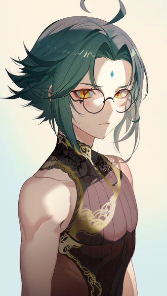 Anime picture 1077x1912 with genshin impact xiao (genshin impact) salmon88 single tall image blush short hair simple background yellow eyes upper body ahoge green hair sleeveless bespectacled boy glasses