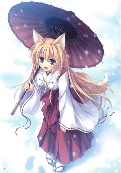 Anime picture 2122x3032 with tateha (marvelous grace) single long hair tall image highres open mouth blue eyes blonde hair animal ears animal tail fox ears fox tail fox girl miko girl umbrella oriental umbrella