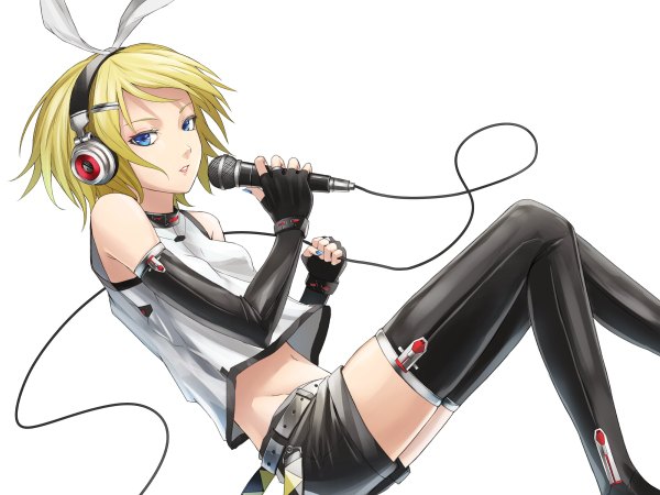 Anime picture 1200x900 with vocaloid kagamine rin sugi 214 single looking at viewer short hair blue eyes simple background blonde hair white background bare shoulders holding nail polish parted lips bare belly wallpaper sleeveless groin girl gloves