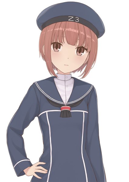 Anime picture 700x989 with kantai collection z3 destroyer (max schultz) nananichi single tall image blush fringe short hair simple background brown hair white background brown eyes payot looking away upper body blunt bangs long sleeves parted lips head tilt character names