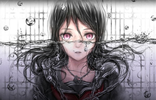 Anime picture 1100x711 with original nuwanko single long hair looking at viewer black hair pink eyes partially submerged girl uniform water serafuku chain bubble (bubbles) water drop