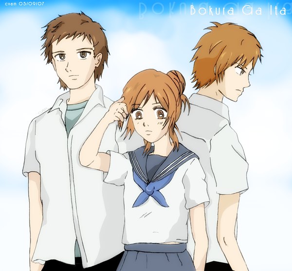 Anime picture 1024x951 with bokura ga ita motoharu yano nanami takahashi masafumi takeuchi fringe short hair blonde hair brown hair brown eyes profile multiple boys girl boy uniform school uniform serafuku 2 boys