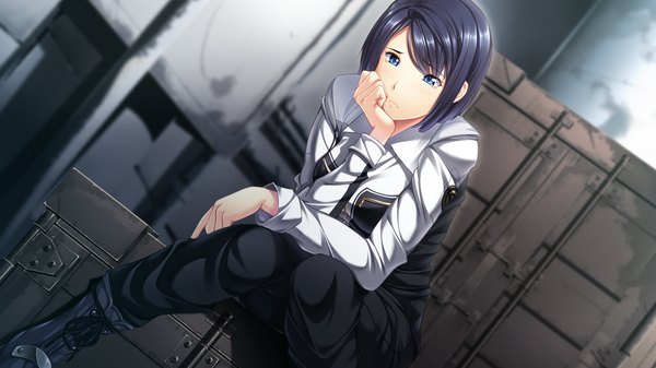 Anime picture 1280x720 with sousei kitan aerial kudou ryouko single short hair blue eyes black hair wide image sitting game cg chin rest knees touching knees together feet apart girl boots