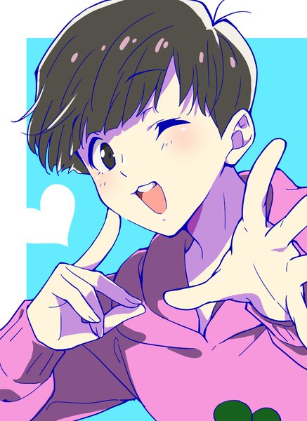 Anime picture 800x1098 with osomatsu-san matsuno todomatsu natsuko (bluecandy) single tall image looking at viewer blush fringe short hair open mouth black hair simple background ahoge blunt bangs one eye closed wink black eyes teeth finger to mouth portrait