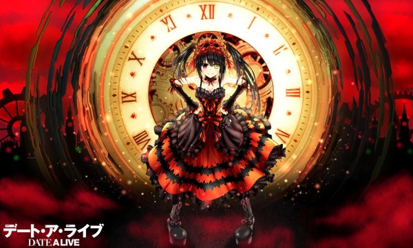Anime picture 5000x3000 with date a live tokisaki kurumi tsubasaki single long hair looking at viewer blush fringe highres light erotic black hair smile red eyes wide image standing twintails bare shoulders yellow eyes absurdres leaning