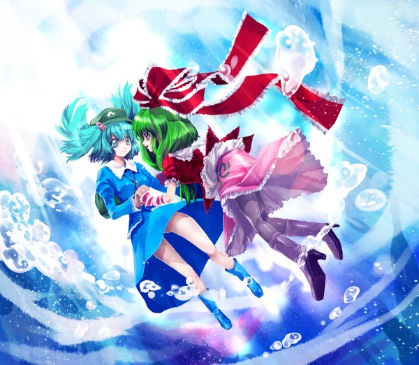 Anime picture 1813x1580 with touhou kagiyama hina kawashiro nitori ichikawa ryuunosuke highres blue eyes smile twintails multiple girls blue hair green hair short twintails girl bow ribbon (ribbons) 2 girls hair bow hat water