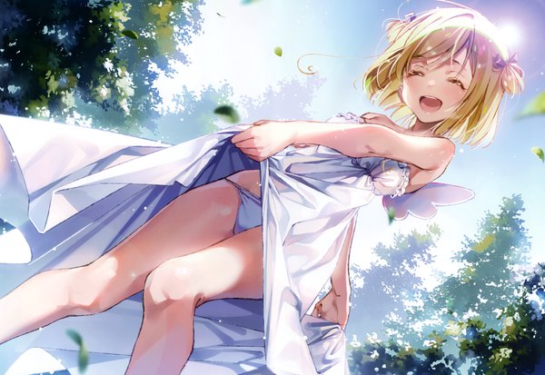 Anime picture 4906x3378 with original dsmile single blush fringe highres short hair open mouth light erotic blonde hair smile standing bare shoulders absurdres sky cloud (clouds) outdoors eyes closed scan two side up