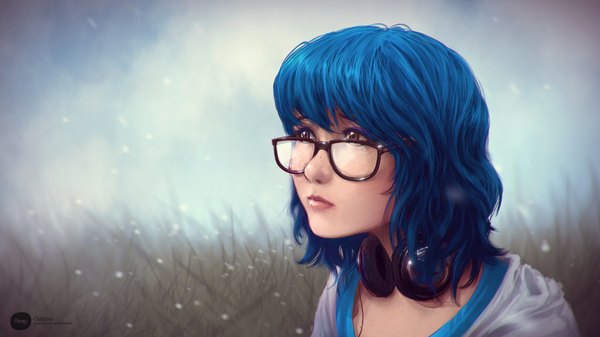 Anime picture 1912x1074 with original hikaruga single highres short hair wide image brown eyes blue hair realistic girl plant (plants) headphones grass