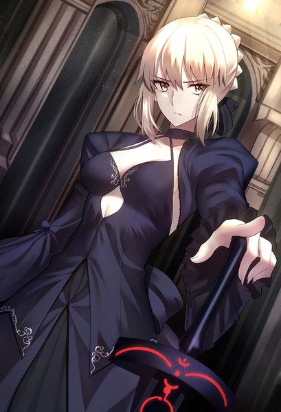Anime picture 1019x1495 with fate (series) fate/stay night artoria pendragon (all) saber alter shiguru single tall image fringe short hair breasts blonde hair hair between eyes standing holding yellow eyes payot looking away cleavage braid (braids) wide sleeves