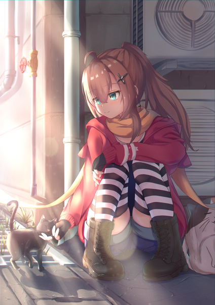 Anime picture 1654x2339 with original miso (misomiso 154) single long hair tall image blush fringe smile hair between eyes brown hair sitting payot looking away full body ahoge outdoors ponytail sunlight shadow skindentation