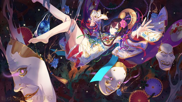 Anime picture 2275x1280 with onmyoji menreiki criin single long hair looking at viewer fringe highres brown hair wide image holding signed payot blunt bangs traditional clothes parted lips japanese clothes barefoot hair flower aqua eyes
