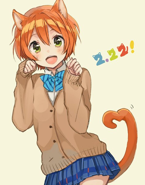 Anime picture 785x1000 with love live! school idol project sunrise (studio) love live! hoshizora rin shigure ui single tall image blush short hair open mouth simple background green eyes animal ears tail long sleeves :d animal tail pleated skirt cat ears orange hair