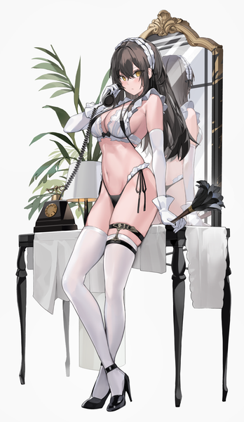 Anime picture 1600x2759 with original onew single long hair tall image looking at viewer blush fringe breasts light erotic hair between eyes brown hair large breasts standing white background holding yellow eyes full body mole high heels