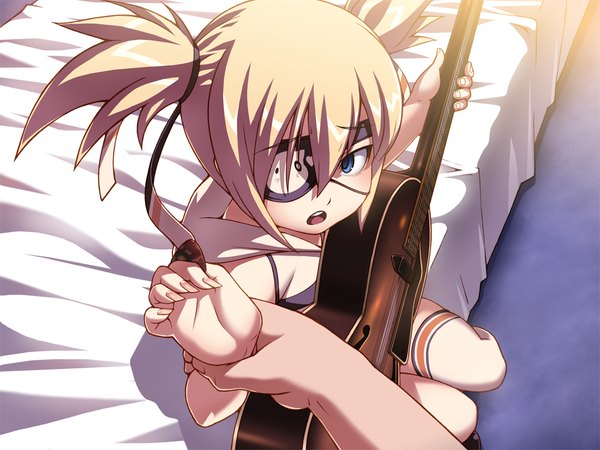 Anime picture 1024x768 with hotel (game) short hair open mouth blue eyes blonde hair game cg loli girl eyepatch guitar