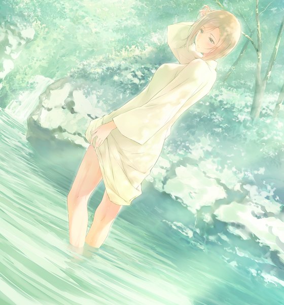 Anime picture 1280x1370 with flowers (innocent grey) innocent grey dalia basquiat single tall image short hair blonde hair brown eyes game cg river girl plant (plants) tree (trees) water