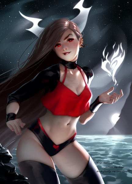 Anime picture 1600x2221 with original lerapi single long hair tall image looking at viewer breasts light erotic red eyes brown hair signed sky cleavage head tilt horn (horns) lips night night sky lipstick piercing