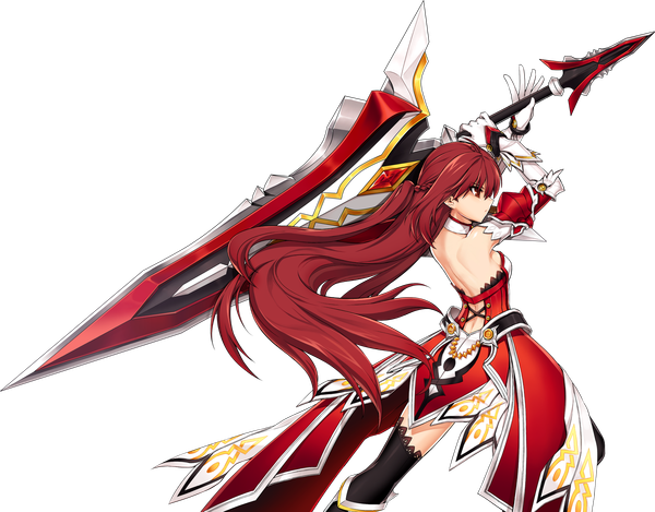 Anime picture 2000x1566 with elsword elesis (elsword) grand master (elsword) ress single long hair fringe highres red eyes standing holding looking away red hair braid (braids) profile official art transparent background fighting stance girl thighhighs