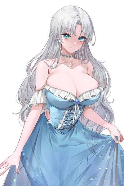 Anime-Bild 2731x4096 mit original lillly single long hair tall image looking at viewer fringe highres breasts light erotic simple background smile large breasts standing white background bare shoulders cleavage silver hair aqua eyes frilled dress