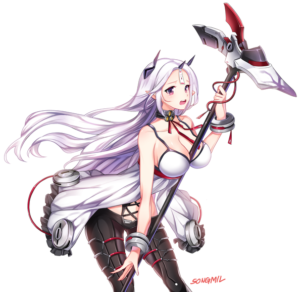 Anime picture 1500x1443 with closers levia (closers) songmil single long hair blush breasts open mouth simple background white background purple eyes signed payot looking away white hair horn (horns) pointy ears leaning leaning forward floating hair