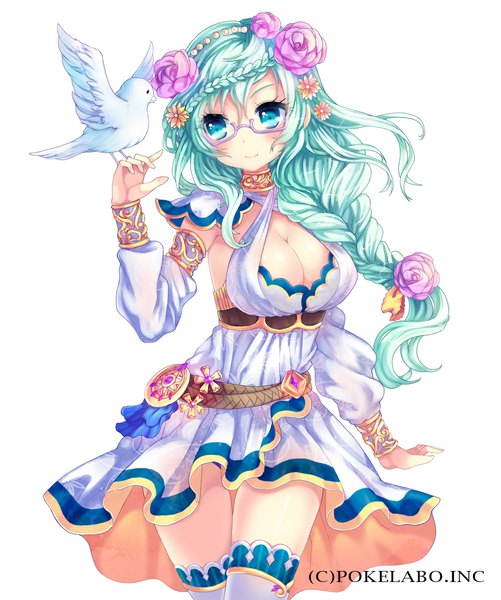 Anime picture 1000x1198 with original juke single long hair tall image looking at viewer blush blue eyes smile white background cleavage braid (braids) hair flower aqua hair girl dress hair ornament flower (flowers) detached sleeves animal