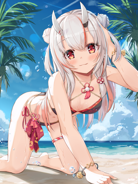 Anime picture 2100x2800 with virtual youtuber hololive nakiri ayame keesuke (kkosyoku) single long hair tall image looking at viewer blush fringe highres light erotic hair between eyes red eyes signed sky silver hair cloud (clouds) outdoors multicolored hair