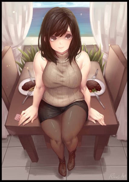 Anime picture 1799x2531 with original yin-ting tian single long hair tall image looking at viewer highres black hair sitting brown eyes girl skirt miniskirt pantyhose food