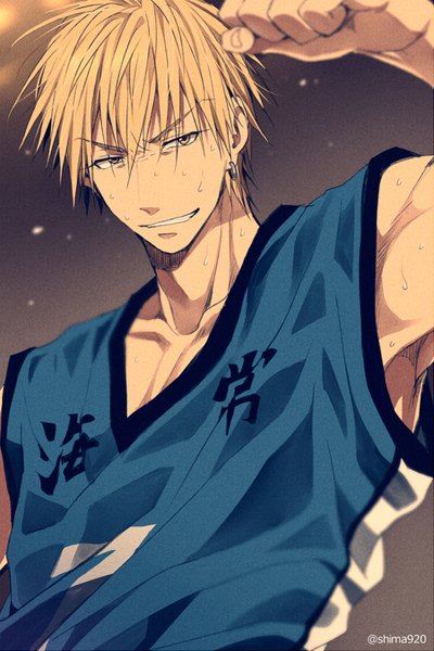 Anime picture 550x825 with kuroko no basket production i.g kise ryouta mashima shima single tall image looking at viewer fringe short hair simple background blonde hair smile hair between eyes signed yellow eyes upper body sweat piercing ear piercing boy