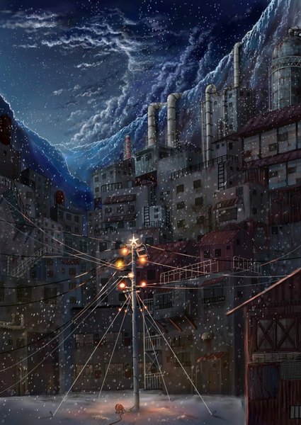 Anime picture 1280x1807 with original cola (pixiv) tall image cloud (clouds) night city snowing winter snow mountain building (buildings) star (stars) lantern wire (wires) lamppost smoke stack