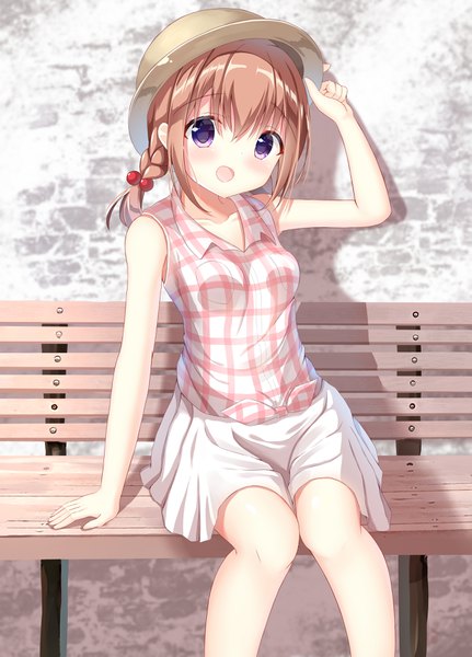 Anime picture 2646x3679 with gochuumon wa usagi desu ka? white fox hoto cocoa pizzzica single tall image looking at viewer blush highres short hair open mouth brown hair sitting purple eyes braid (braids) :d sleeveless adjusting hat front-tie top girl