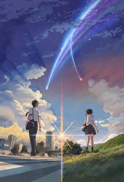 Anime picture 1500x2202 with kimi no na wa miyamizu mitsuha tachibana taki shinkai makoto tall image brown hair sky cloud (clouds) from behind official art lens flare city cityscape landscape crosswalk hill girl skirt uniform ribbon (ribbons)