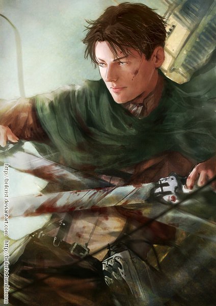Anime picture 707x1000 with shingeki no kyojin production i.g levi (rivaille) brilcrist single tall image short hair brown hair holding signed realistic grey eyes dual wielding boy uniform weapon sword belt blood cape