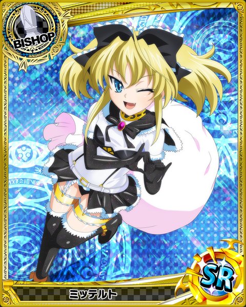 Anime picture 640x800 with highschool dxd mittelt single long hair tall image looking at viewer open mouth blue eyes light erotic blonde hair twintails one eye closed wink card (medium) girl thighhighs dress gloves bow black thighhighs