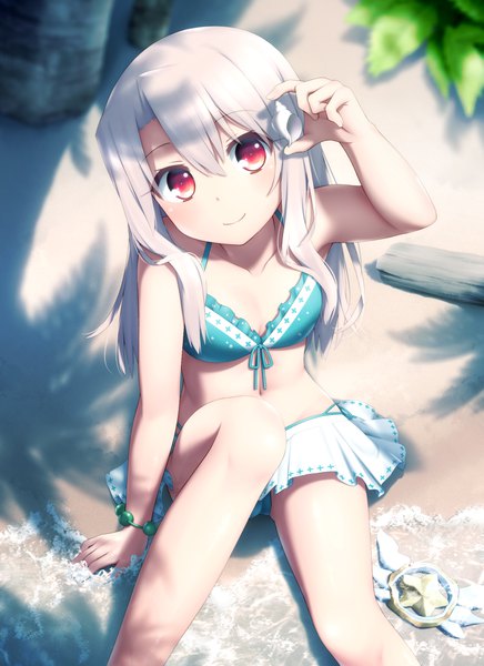 Anime picture 759x1043 with fate (series) fate/kaleid liner prisma illya illyasviel von einzbern haribote (tarao) single long hair tall image looking at viewer blush fringe light erotic smile hair between eyes red eyes sitting holding silver hair from above arm support shadow