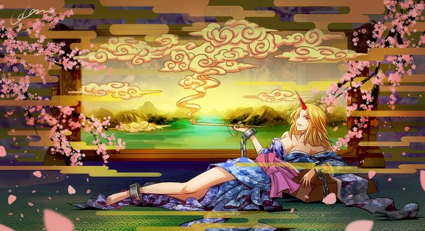 Anime picture 1500x816 with touhou hoshiguma yuugi hoshiguma yuugi (promo) madcocoon single long hair fringe breasts blonde hair red eyes wide image bare shoulders holding cleavage lying traditional clothes japanese clothes barefoot horn (horns) bare legs