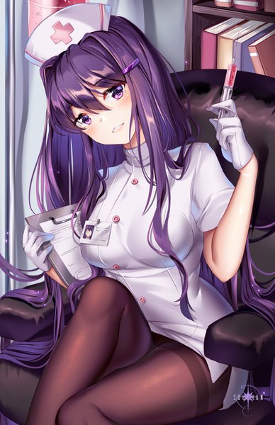 Anime picture 809x1250 with doki doki literature club yuri (doki doki literature club) squchan single tall image looking at viewer blush fringe breasts light erotic smile hair between eyes large breasts sitting purple eyes holding signed purple hair bent knee (knees) indoors