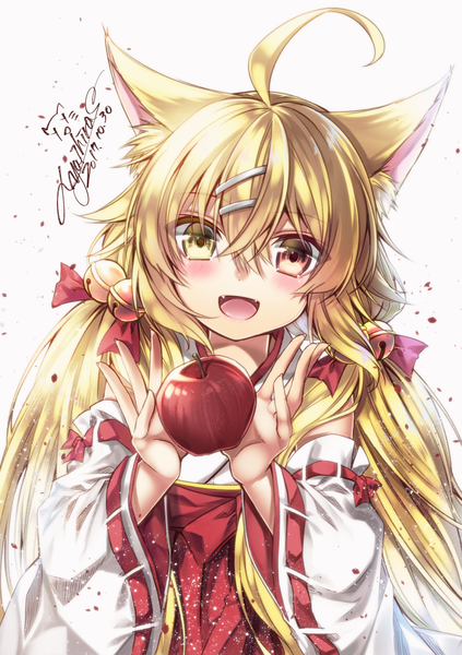 Anime-Bild 885x1254 mit original yuihira asu (sorairo as) single long hair tall image looking at viewer blush fringe open mouth blonde hair simple background smile hair between eyes white background twintails signed animal ears yellow eyes ahoge upper body