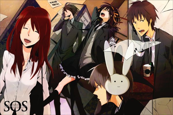 Anime picture 1500x1000 with suzumiya haruhi no yuutsu kyoto animation suzumiya haruhi nagato yuki asahina mikuru kyon koizumi itsuki nakahara (tsubuyaki) long hair short hair open mouth brown hair sitting multiple girls brown eyes green eyes eyes closed profile grey hair open clothes