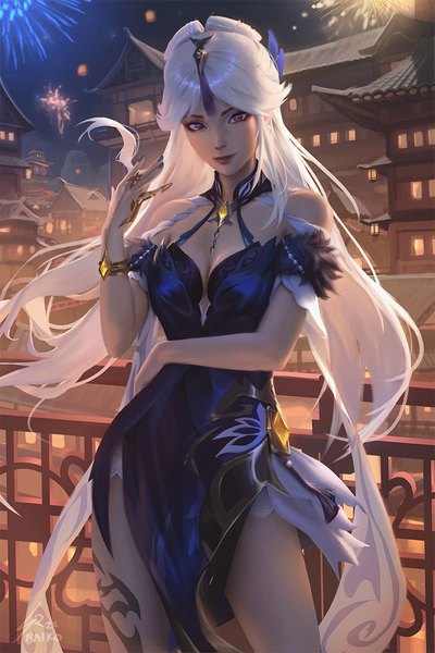 Anime picture 800x1200 with genshin impact ningguang (genshin impact) ningguang (orchid's evening gown) (genshin impact) raikoart single long hair tall image looking at viewer fringe breasts light erotic red eyes standing bare shoulders signed outdoors white hair nail polish arm up fingernails