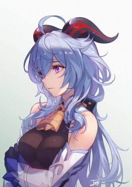 Anime picture 1413x2000 with genshin impact ganyu (genshin impact) baek hyang single long hair tall image fringe breasts simple background hair between eyes white background purple eyes bare shoulders signed payot blue hair looking away upper body ahoge long sleeves