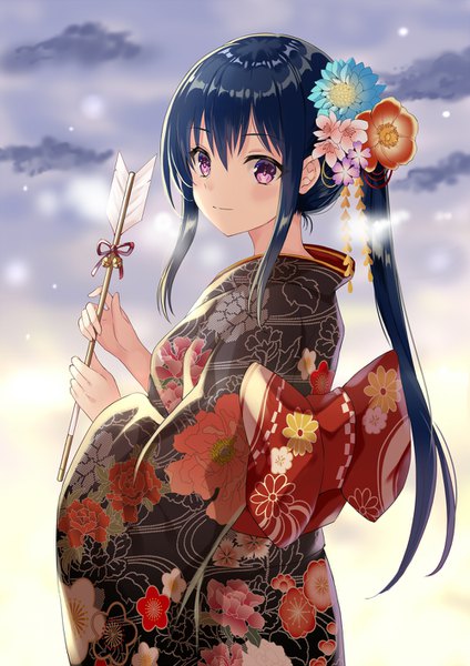 Anime picture 1000x1414 with original harimoji single long hair tall image blush fringe smile purple eyes holding payot blue hair looking away sky cloud (clouds) upper body outdoors ponytail long sleeves traditional clothes