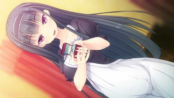 Anime picture 1024x576 with gakuen butou no folklore single long hair looking at viewer open mouth black hair smile wide image purple eyes game cg girl dress hairband ring