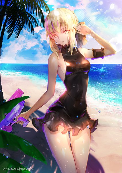 Anime picture 600x847 with fate (series) fate/grand order artoria pendragon (all) saber alter astarone single tall image looking at viewer fringe light erotic blonde hair bare shoulders holding signed yellow eyes sky cloud (clouds) head tilt sunlight sparkle