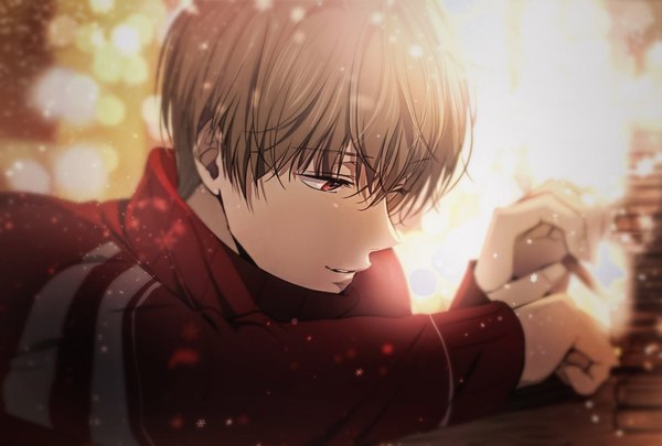 Anime picture 2048x1384 with gintama sunrise (studio) okita sougo moty_0 single fringe highres short hair hair between eyes red eyes brown hair holding upper body profile light smile blurry depth of field lens flare looking down snowing