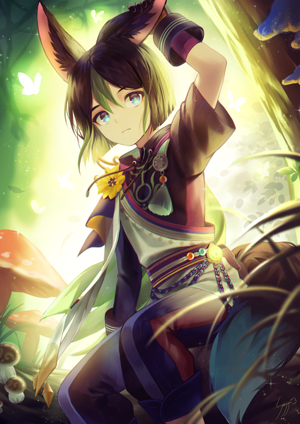Anime picture 4961x7016 with genshin impact tighnari (genshin impact) ice s s z single tall image looking at viewer highres short hair blue eyes black hair animal ears absurdres outdoors tail animal tail multicolored hair arm up two-tone hair from below boy